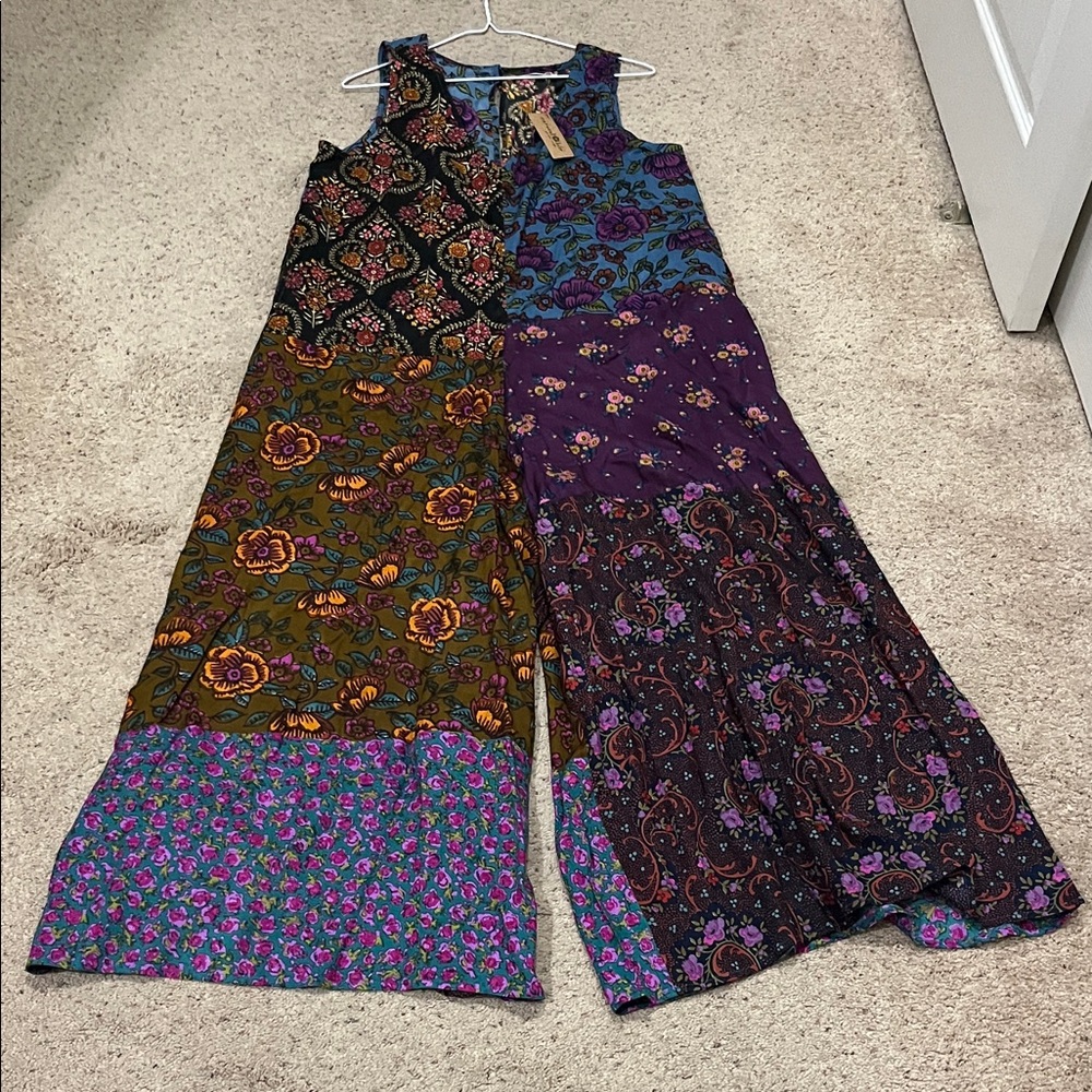 NWT Natural Life Let’s Just Go Wide-Leg Jumpsuit-Woodcut Floral Blue size M